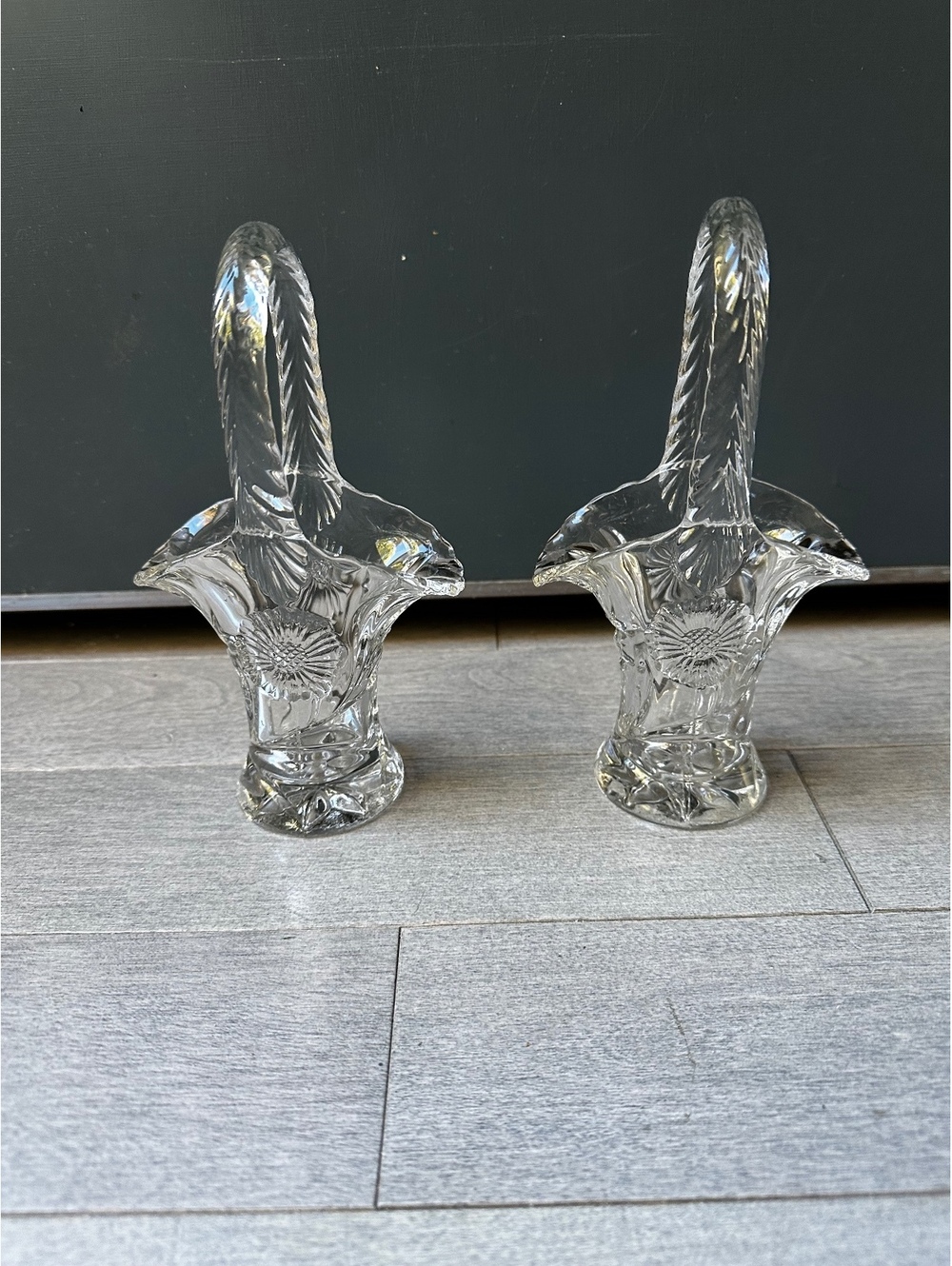 Pair of Clear Glass Flower Baskets with Handles Candle Holders